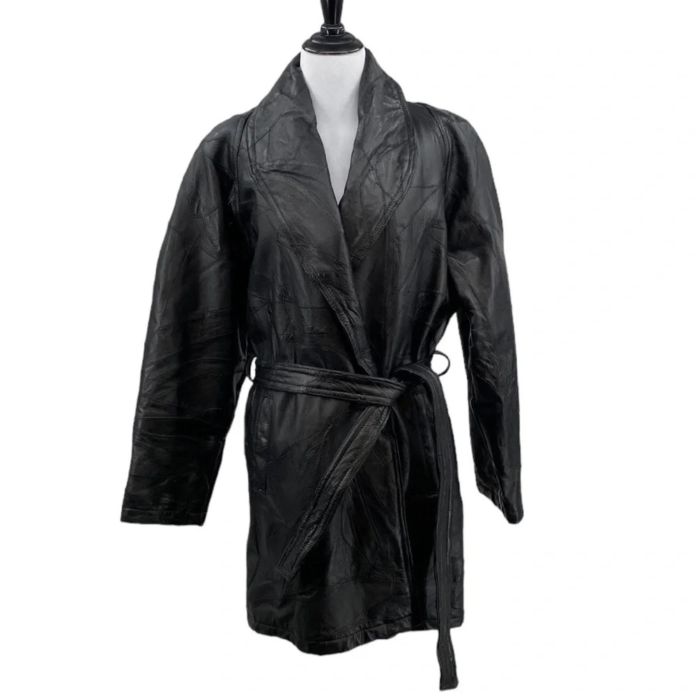 Vintage 90s Genuine Leather Patchwork Coat Jacket Womens Size Large Black